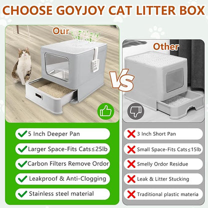Enclosed Stainless Steel Cat Litter Boxes,Large Foldable Litter Box with Lid,Hooded Covered Stainless Steel Cat Litter Box,Easy Cleaning,No Urine Leakage,Deeper Pan