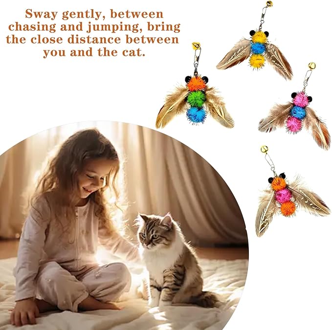 LWINGFLYER 4 PCS Cat Feather Toys Refill Insect Bee,Feather Cat Toys, Kitty Wand Toy Refill,Cat Toy Wand Replacement Attachments,Interactive Cat Toys for Indoor Cats