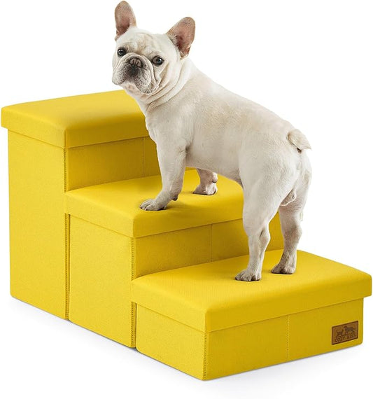 Dog Stairs with Storage, 3-Step Wider Sturdy Dog Steps for Small/Medium/Large Dogs and Older Cats, Folding Doggie Ramp for Bed/Couch/Car Hold Up to 180 lbs (16.7" H, Yellow)