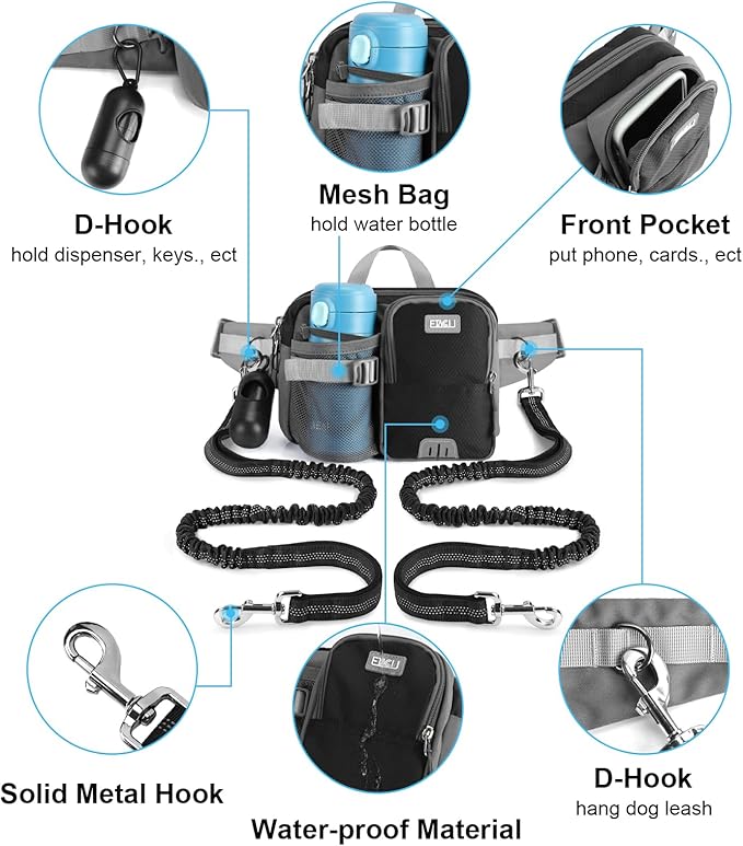 ETACCU Hands Free Dog Leash with Phone Pouch for 2 Dogs, Water Bottle Holder - Adjustable Waist Belt 19-38 Inch Belt Leash for Running, Reflective Shock Absorbing 48"-70" Extendable (Black 2)