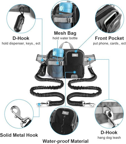 ETACCU Hands Free Dog Leash with Phone Pouch for 2 Dogs, Water Bottle Holder - Adjustable Waist Belt 19-38 Inch Belt Leash for Running, Reflective Shock Absorbing 48"-70" Extendable (Black 2)