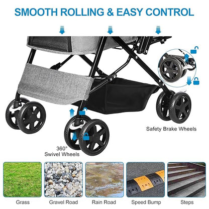 Lightweight Dog Stroller with Reversible Handle for Medium Small Dogs and Cats, Foldable Pet Stroller Travel Carriage with Large Storage Basket, 4 Wheels, Linen Gray