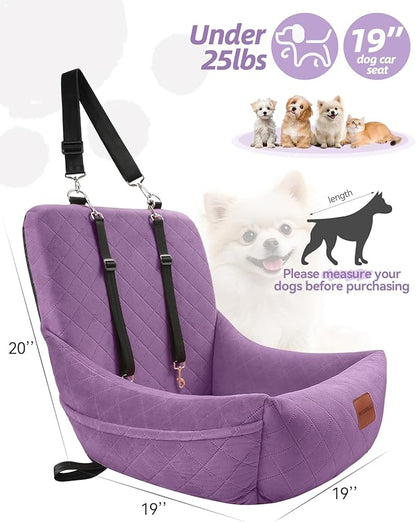 WOOAIDAGG Dog Car Seat for Small Dogs Up to 25lbs,Soft Washable Fabric Fill in Memory Foam,Easy to Assemble with 2 Clip-On Safety Leashes and Storage Pockets,Front or Back Seat are Both OK(Purple)