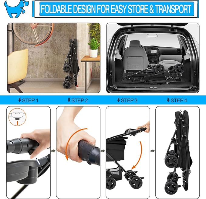 3-in-1 Pet Stroller for Small Dogs and Cats, Folding Lightweight Dog Stroller with Detachable Carrier Portable Cat Puppy Jogging Stroller with Cup Holder and Storage Basket, 4 Wheels