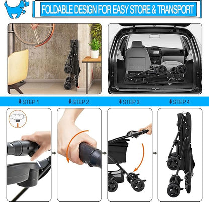 3-in-1 Pet Stroller for Small Dogs and Cats, Folding Lightweight Dog Stroller with Detachable Carrier Portable Cat Puppy Jogging Stroller with Cup Holder and Storage Basket, 4 Wheels