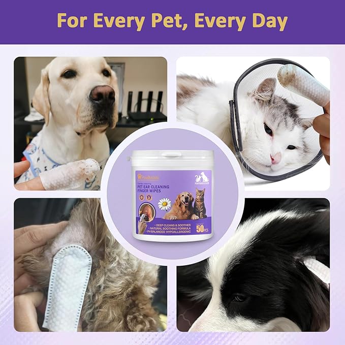 Ear Wipes for Dogs and Cats, Dog Ear Finger Wipes, Gentle Ear Cleaner for Wax, Dirt & Odor, Relieves Discomfort & Soothes Ears, Non-Irritating, 50 Count