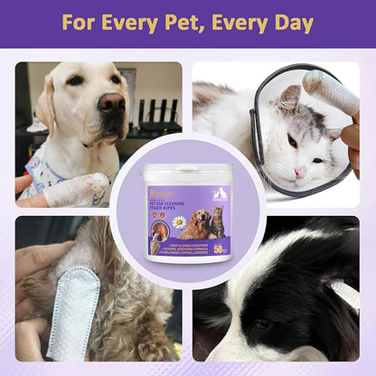 Ear Wipes for Dogs and Cats, Dog Ear Finger Wipes, Gentle Ear Cleaner for Wax, Dirt & Odor, Relieves Discomfort & Soothes Ears, Non-Irritating, 50 Count