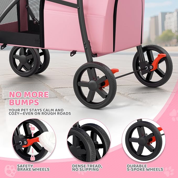 Magshion Double Dog Stroller with 2 Detachable Carrier Bags, 4-Wheel Folding Pet Travel Strolling Cart with Storage Pocket for Small-Medium Dogs & Cats Puppy, Pink Gray, Pink