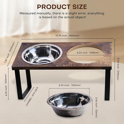 Elevated Dog Food and Water Bowl Set, Large Dog Bowl with Stand, Rustic Wooden Raised Feeder with Stainless Steel Bowls, Tilted Design for Medium and Large Dogs (Black)