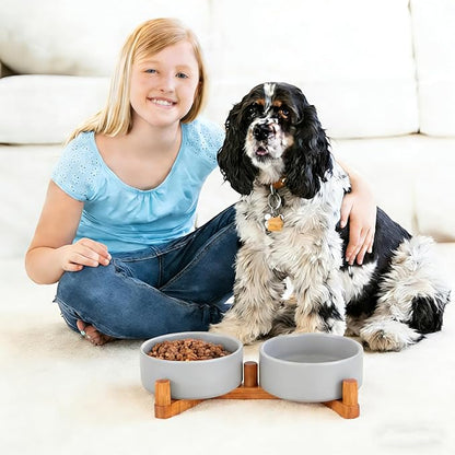 Ceramic Dog Bowl and Cat Bowls Set with 15° Adjustable Wood Stand, Non-Slip Weighted Pet Food and Water Bowls, Dual Raised Feeder for Small Dogs, Matte Glaze Pet Dish 13.5oz Set of 2 (Gray & Chestnut)