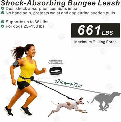 Hands-Free Dog Leash for Dogs up to 130 lbs – Heavy-Duty, Shock-Absorbing Bungee Leash with Zipper Pouch, Dual Padded Handles & Adjustable Waist Belt for Running & Walking –Classic Black
