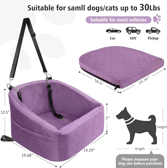 NEEZUKAR Dog Car Seat for Small Medium Dogs,Detachable Washable Dog Booster Seat Under 30lbs, Pet Car Seats Travel Bed with Storage Pockets and Safety Belt (Purple)