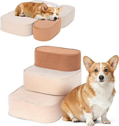 Dog Stairs for Small Dogs, 3 Step Dog Stair for High Bed and Couch, Non-Slip High Density Foam Sturdy Pet Steps with Removable Washable Cover for Older Cat