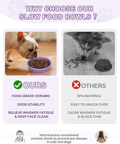 TRUVIC Ceramic Slow Feeder Dog Bowls Small Breed, 0.6 Cup Slow Feeder Cat Bowls for Fast Eaters, Ceramic Dog Food Dish no Black Chin, Puzzle Bowl for Small Dogs and Cats, Purple