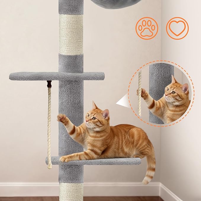 Cat Tree 5-Tier Floor to Ceiling Cat Tree 89-109 Inch, Adjustable Height Cat Tower, Cozy Hammock and Sisal Scratch Post, Provides Vertical Enrichment for Jumping Climbing, Grey
