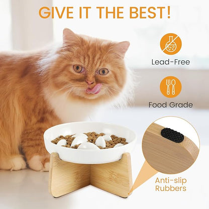 PETTOM Slow Feeder Cat Bowl with Stand, Ceramic Slow Eating Cat Bowl with Higher Edges Fish Pool Design Elevated Food Bowls for Dry and Wet Food Anti-Vomiting Puzzle Feeder for Healthy Eating Diet