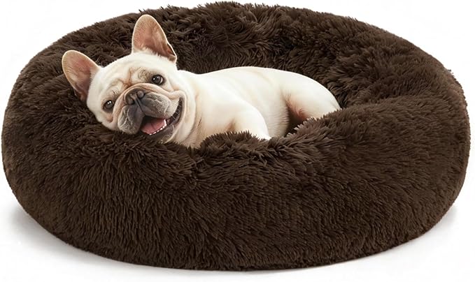 Love's cabin 20in Cat Beds for Indoor Cats - Cat Bed with Machine Washable, Waterproof Bottom - Dark Brown Fluffy Dog Pet Calming Cushion Bed for Joint-Relief and Sleep Improvement