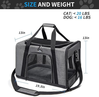 Pet Carrier for Medium Large Cats and Dogs, Dog Carrier Travel Bag with Adequate Ventilation, 5 Mesh Windows, 3 Entrance, Locking Safety Zippers, Padded Shoulder and Carrying Strap, Large