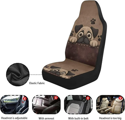 Dreaweet Car Seat Covers for Women Cute Pug Car Accessories Interior 2 Piece Universal Elastic Front Seat Covers for SUV Sedan Washable Vehicle Seat Cover for Carseat Protection