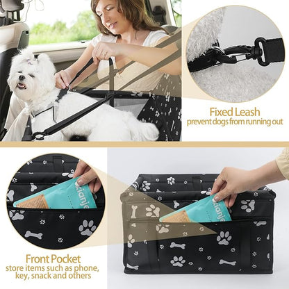 PetsHome Dog Car Seat, Foldable Dog Car Booster Seat Waterproof Breathable Oxford Travel Bag for Small to Medium Dogs, Puppies, and Pets-Pattern Black