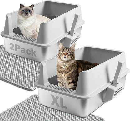 Stainless Steel Cat Litter Box with Lid, 2 Pack XL Metal Litter Box Stainless Steel with Mat & Scoop, Odor-Free/Anti-Leakage & Non-Stick, High-Sided Litter Box for Multiple Big Cats(XL/Grey)