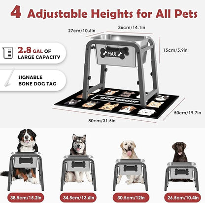 2.8 Gallon Elevated Dog Water Bowl, ADENGL Height Adjustable (10.4–15.2'') Raised Stainless Steel Bowl with Spill-Proof Mat & Sturdy Metal Stand, Tip-Proof, Easy to Clean, Indoor & Outdoor Use
