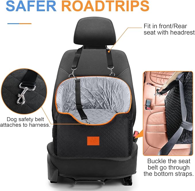 XIEEAOZEE Dog Car Seat for Small Dogs, Memory Foam Booster Dog Seat for Dogs up to 35 lbs, Elevated Pet Car Seat with Washable Removable Cover, Storage Pockets(Black/Gray)