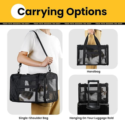 Cat Carrier Bag,Soft-Sided Pet Carriers for Dogs with 4-Sided Mesh,Airline Approved Cat Transport Carrier for Small&Medium Cats Kitten Puppy Up to 15Lb,Collapsible Cat Travel Carrier-M,Black