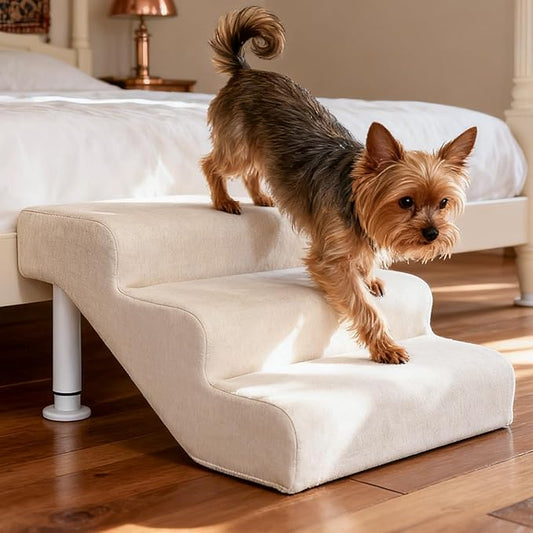 Leather Dog Stairs, 19.7" Extra Wide Dog Steps for Bed & Sofa, Adjustable Height 11"-14" Pet Ramp for Small to Large Dogs, Holds Up to 150 lbs（3-Step）