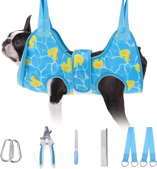 BEAUTYZOO Dog Grooming Hammock for Small Dogs Cat- Dog Sling for Nail Trimming/Clipping- Dog Hanging Holder with Thick Fabric Neck Support & Strap Restraint Claw Care,Blue Duck,S