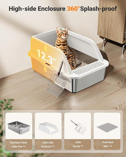 XL Stainless Steel Litter Box, Extra Large Metal Cat Litter Box with High Sided for Big Cats, Enclosed Litter Boxed with Lid, Easy-Clean Cat Litter Mat & Scoop Kit, Anti-Urine Leakage (White)