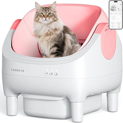 Thereye Self Cleaning Litter Box, Open-Top Automatic Litter Box with Smart App and Safety Sensors, Large Auto Litter Box for Multiple Cats, 10L Waste Bin with Odor Control, Includes Trash Bag, Pink