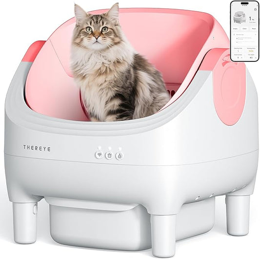 Thereye Self Cleaning Litter Box, Open-Top Automatic Litter Box with Smart App and Safety Sensors, Large Auto Litter Box for Multiple Cats, 10L Waste Bin with Odor Control, Includes Trash Bag, Pink