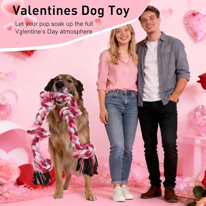 SZEE Dog Rope Toy for Large Dogs, 37 Inch 5 Knots, Tug of War Rope for Large Breeds, for Energy Release & Boredom Relief, Valentine’s Day Pet Toy (Red & Pink)