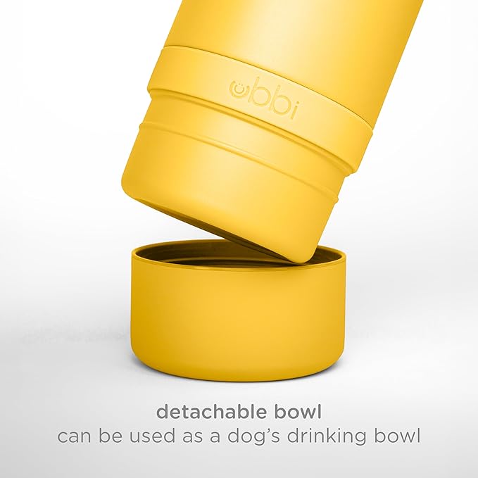 Ubbi Pup & Me Insulated Stainless Steel Dog Water Bottle with Attached Bowl, 32 oz Portable Leakproof Travel Bottle for Dogs and Owners, Yellow