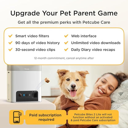 Petcube Bites 2 Lite + Extra Care Service with Smart Alerts [Paid in-App Subscription] | Interactive WiFi Pet Monitoring Camera with Phone App and Treat Dispenser, 1080p HD Video, Night Vision