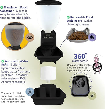 Feeding Friend® Automatic Dog & Cat Food Feeder with Water Dispenser – Smart Pet Feeder with Portion Control, OLED Display, Anti Jam Design, Battery Operated Dispenser for Medium Pets 15-30 - Black