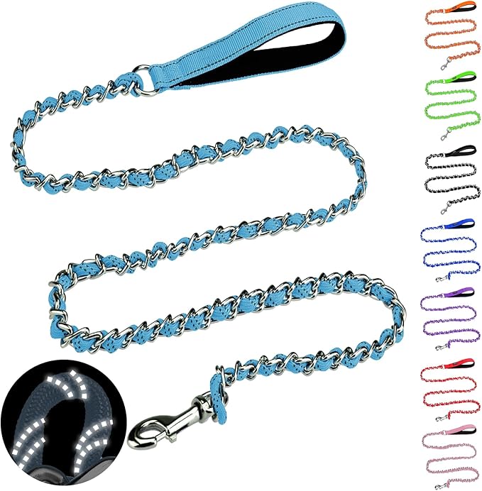 HOMIMP Chew Proof Dog Leash for Medium Large Dogs, Reflective 6 FT Heavy Duty Metal Chain Dog Leashes with Soft Padded Handle, Anti Bite Durable Rope Leashes for Pitbull, Non Chewable, Light Blue
