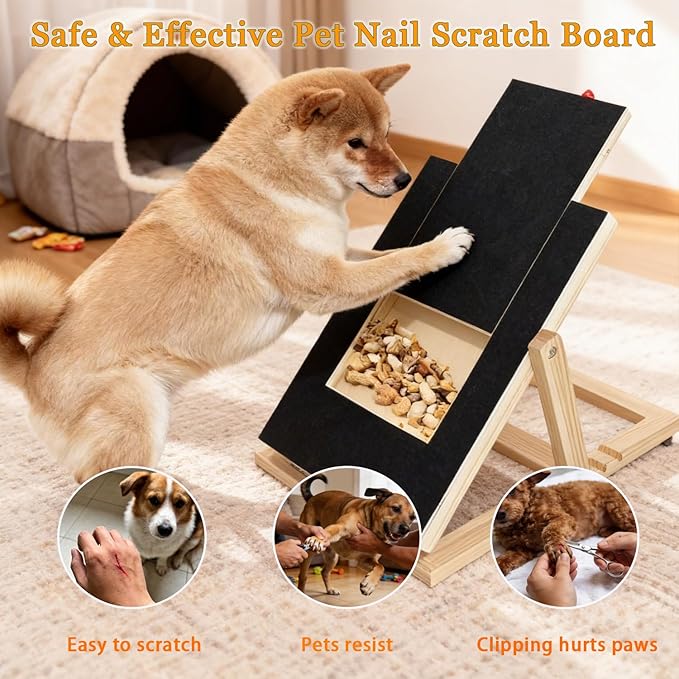 Dog Nail Scratch Board with Treat Drawer,Wooden Nail Filing Pad for Dogs - Adjustable Home Grooming Tool with Durable Self-Adhesive Sandpaper,Suitable for All Breeds