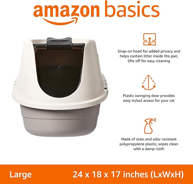 Amazon Basics No-Mess Hooded Enclosed Cat Litter Box with Odor Control and Swinging Door, Large, 24" x 18" x 17", Multicolor