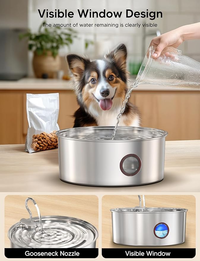 Dog Water Fountain for Large Dogs- 270oz/8L Stainless Steel Dog Water Bowl Dispenser Automatic Pet Water Fountain with Ultra-Quiet Pump/Quadruple Filtration for Dogs, Cats, Multiple Pets