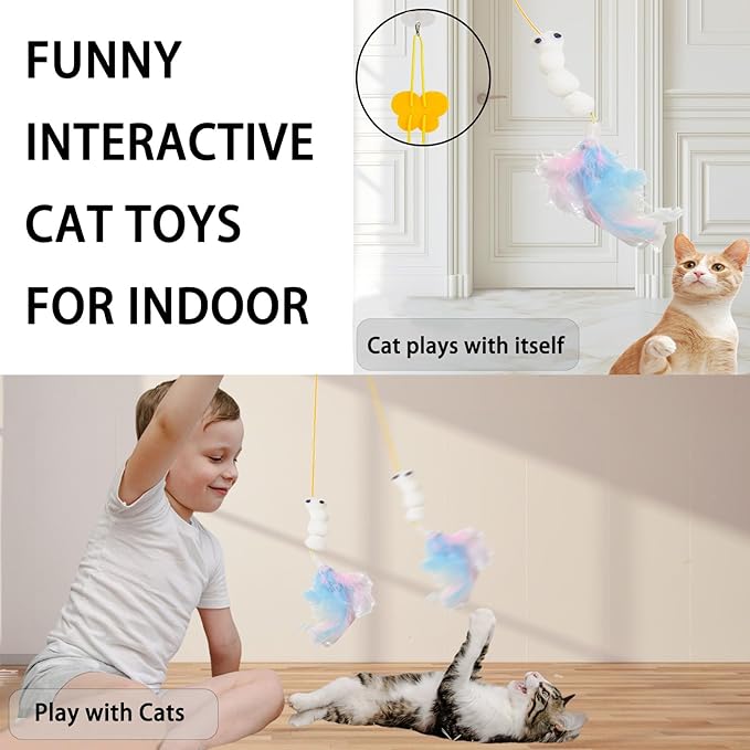 3 Pcs Interactive Toys for Indoor Cats, Best Hanging Cat Toys for Bored Cats, Spring Cat String Toys with Feathers and Bells, Door Hanging Self-Playing Cat Toys (Cute, Count, 3)