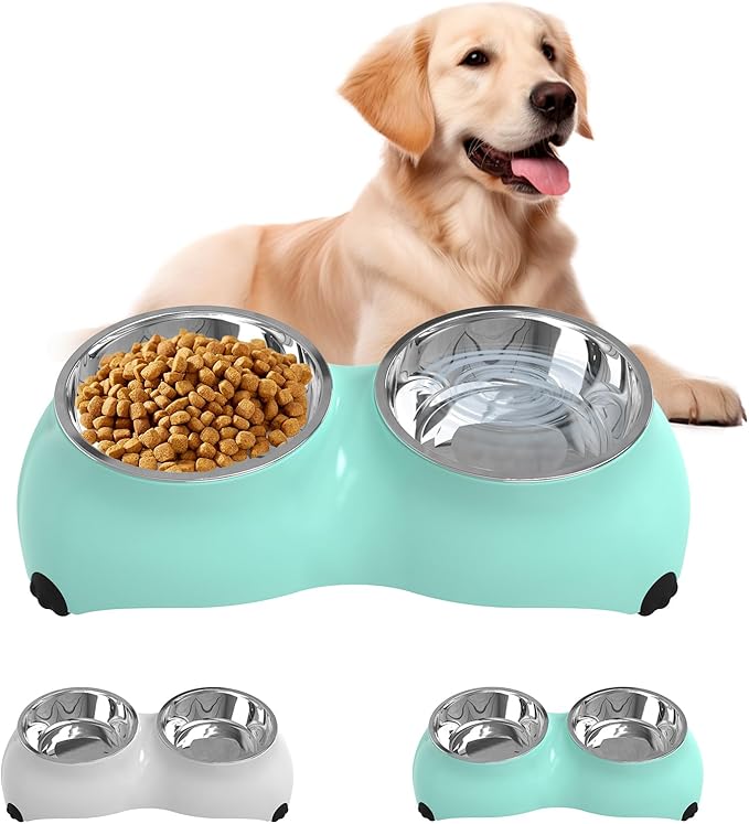 Stainless Steel Dog Bowls Set, Double Food & Water Bowls for Dogs, Dual Dog Food Bowl with 2 Small (4oz*2) Bowl, Non-Slip Pet Bowls Suitable for Puppies, Kittens and Small Breed Dogs (Green)