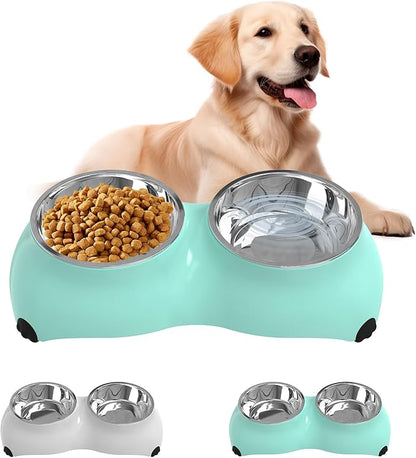 Stainless Steel Dog Bowls Set, Double Food & Water Bowls for Dogs, Dual Dog Food Bowl with 2 Medium (10oz*2) Bowl, Non-Slip Pet Bowls Suitable for Puppies, Cats and Medium Breed Dogs (Green)
