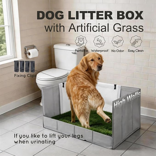 Dog Grass Pad with Tray Foldable Dog Litter Box High Walls, Odor Free Artificial Grass for Dogs Potty, Pee Pad Holder, Seamless, No Assembly, Waterproof, Easy Clean, Portable for Travel