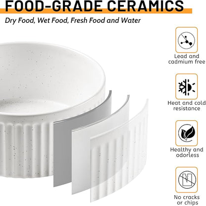 Non-Slip Ceramic Dog Bowls with Wooden Stand,8" Dog Food and Water Bowl Set with Silicone Base, 64 OZ/8 Cups Weighted Flip-Proof Pet Feeding Bowl for Small Dogs and Cats (Large,White)
