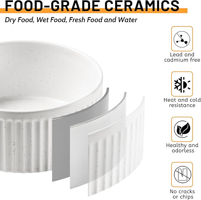 Non-Slip Ceramic Dog Bowls with Wood Stand,6" Dog Food and Water Bowl Set with Silicone Base, 32 OZ/4 Cups Weighted Flip-Proof Pet Feeding Bowl for Small Dogs and Cats (Medium,White)