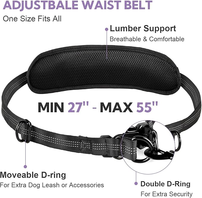 Hands Free Dog Leash, Shcok Abosoring Bungee with Double Padded Handles, Waist Leash for Dog Walking, with Bungee for Medium & Large Dog, Black Purple