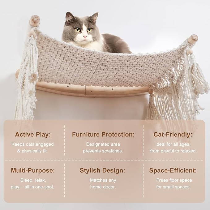 Macrame Cat Wall Shelves & Hammock - Comfy Cat Beds with Window Perch for Indoor Fun, Sleeping & Climbing,Maximum Hold Up to 30lb (Beige White - Cotton Rope)