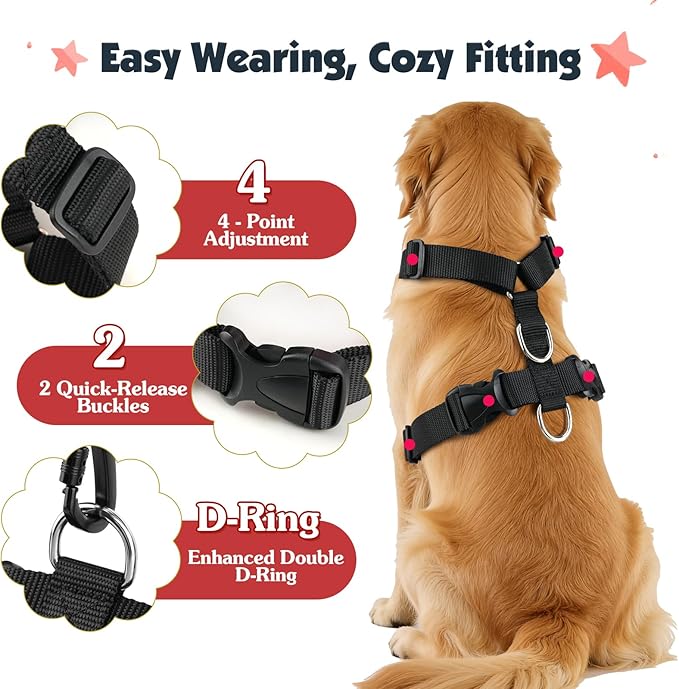 Pawaboo Dog Seat Belt Harness for Car, Dog Car Harness Seatbelt with Double Clips, Adjustable Breathable Pet Vest & Dogs Safety Tether with Elastic Bungee for Small Medium Large Pet, S, Red+Black